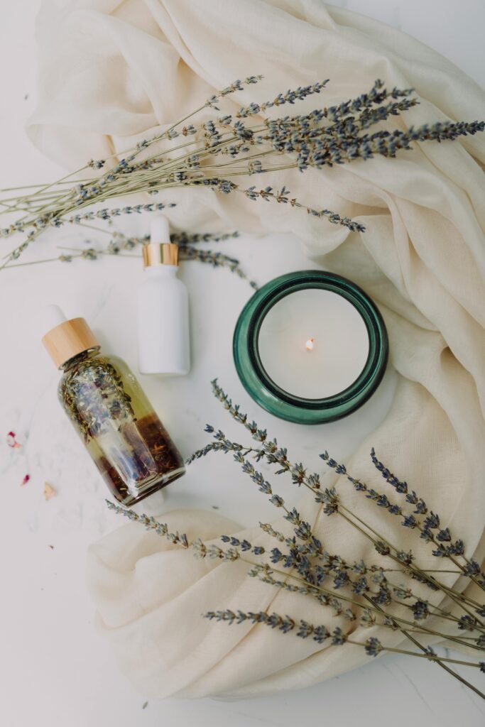 Healthy Oils and Their Benefits A calming flat lay of spa essentials featuring lavender and candles for relaxation.